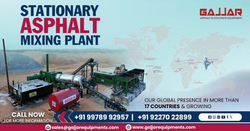 Stationary asphalt mixing plant in operation at highway construction site