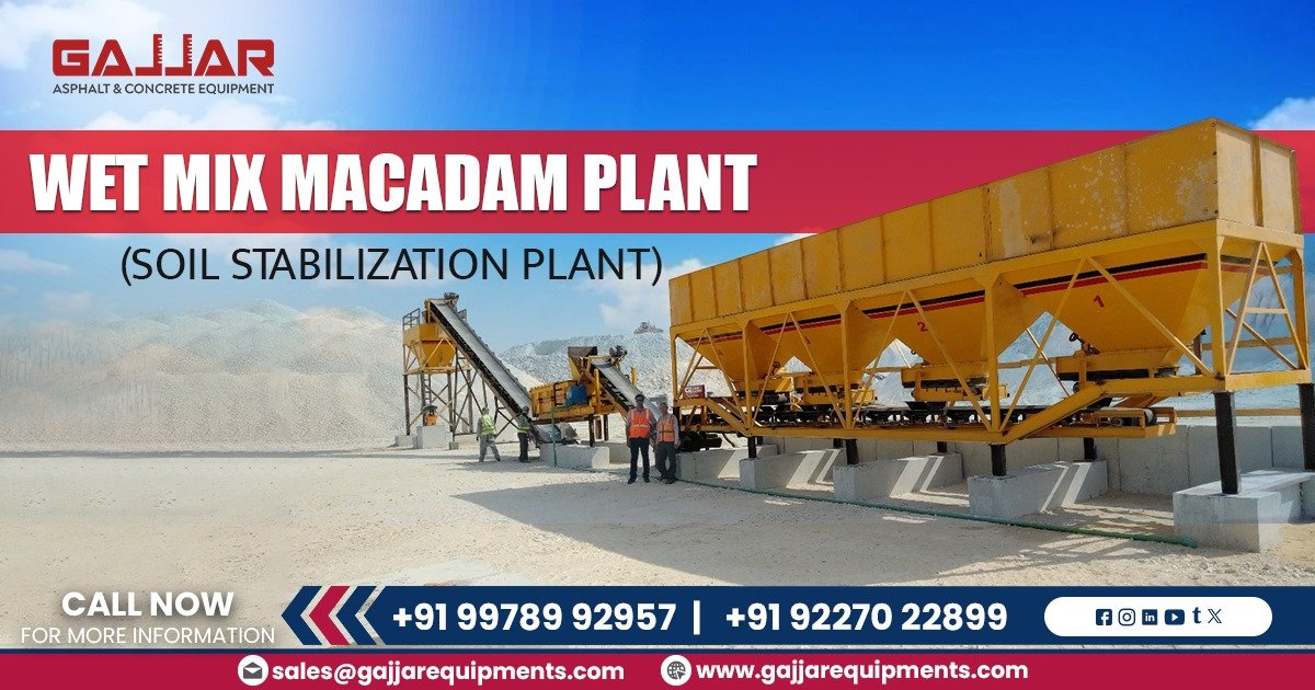 Wet Mix Macadam Plant with pugmill mixer and aggregate bins in operation