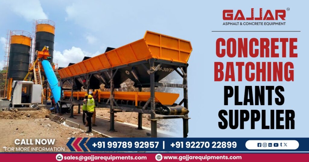 Modern concrete batching plant facility with silos, conveyors, and control systems operated by the top supplier in India