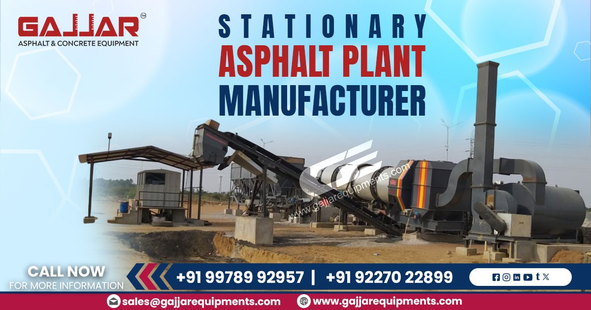 Stationary asphalt mixing plant manufactured by a leading industrial company, featuring large silos, conveyor belts, and control cabin for producing hot mix asphalt at a fixed location.