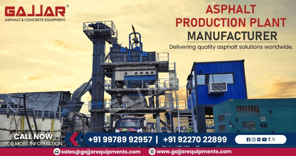 An asphalt production plant mixing aggregate, bitumen, and other materials to produce Hot Mix Asphalt for road construction.