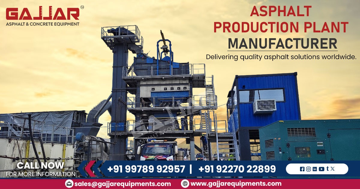 An asphalt production plant mixing aggregate, bitumen, and other materials to produce Hot Mix Asphalt for road construction.